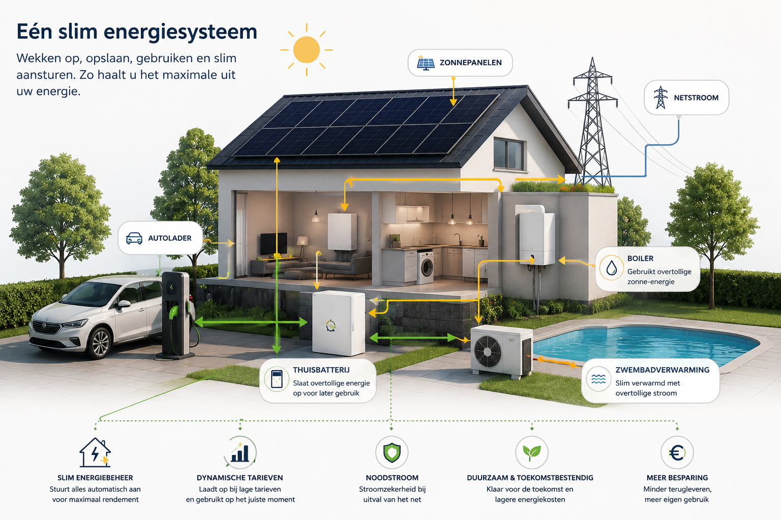 Slim energiesysteem met zonnepanelen, batterij en verbruik
